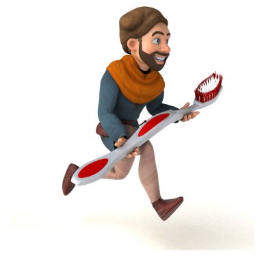 Komik 3D karikatür Orta Çağ adamı diş fırçasıyla 