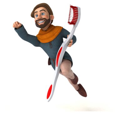 Komik 3D karikatür Orta Çağ adamı diş fırçasıyla 