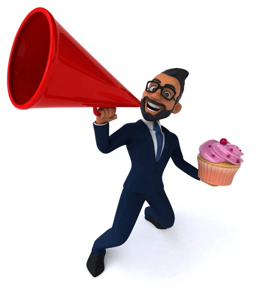 Fun 3D cartoon illustration of an indian businessman with cupcake