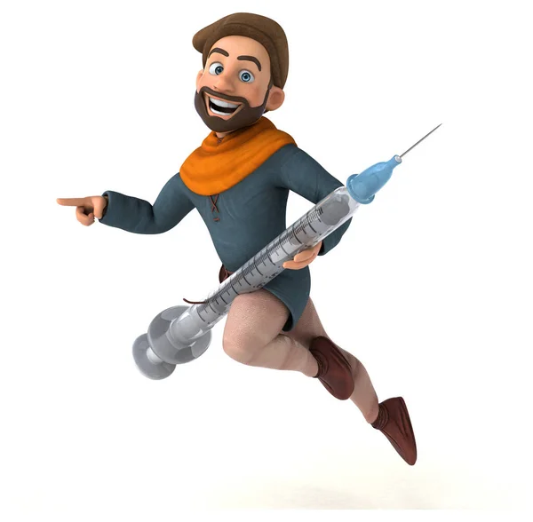 Fun 3D cartoon medieval man with syringe