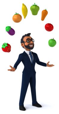 Fun 3D cartoon illustration of an indian businessman with fruits 