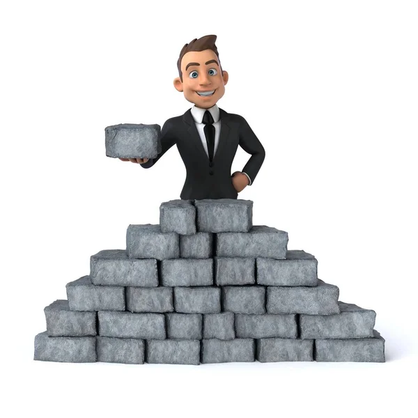 Fun 3D cartoon business man building a wall, isolated