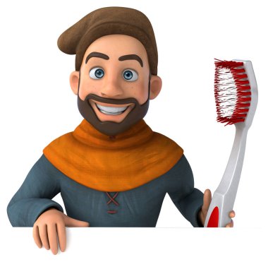Komik 3D karikatür Orta Çağ adamı diş fırçasıyla