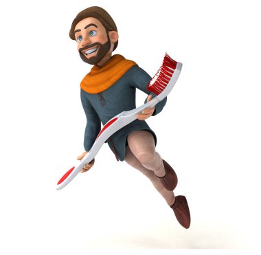 Komik 3D karikatür Orta Çağ adamı diş fırçasıyla