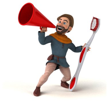 Komik 3D karikatür Orta Çağ adamı diş fırçasıyla