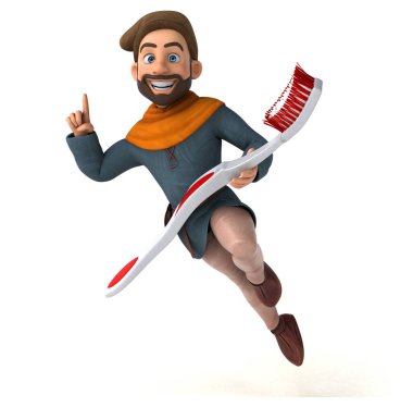 Komik 3D karikatür Orta Çağ adamı diş fırçasıyla