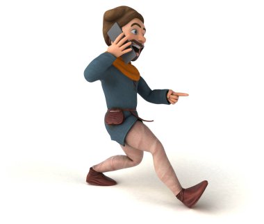 Akıllı telefonlu eğlenceli 3D karikatür ortaçağ adamı 