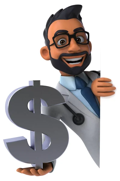 Fun 3D cartoon indian doctor with dollar