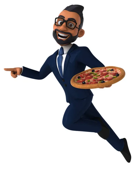 Fun 3D cartoon illustration of an indian businessman with pizza