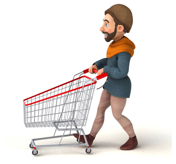 Fun 3D cartoon medieval man with cart 