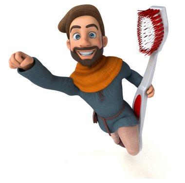 Komik 3D karikatür Orta Çağ adamı diş fırçasıyla