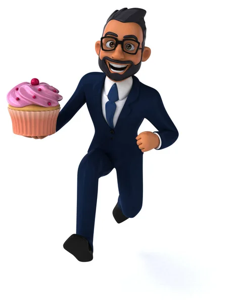 Fun 3D cartoon illustration of an indian businessman with cupcake