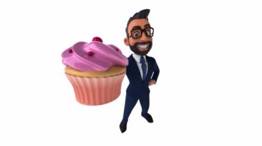 Eğlenceli iş adamı elinde kek tutuyor.