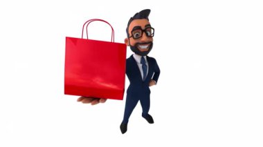 Alışveriş çantası tutan eğlenceli bir işadamı. 