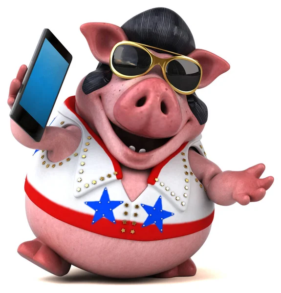 Fun 3D cartoon illustration of a pig rocker with phone
