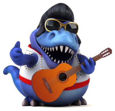 Fun 3D cartoon illustration of a Trex rocker with guitar 