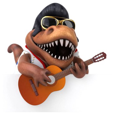 Fun 3D cartoon illustration of a Trex rocker with guitar 