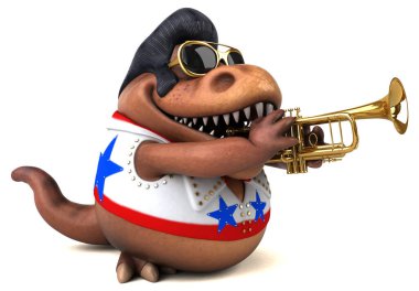 Fun 3D cartoon illustration of a Trex rocker playing 