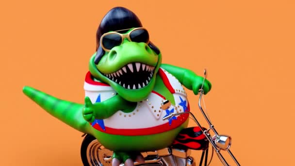 摩托车上特雷克斯摇滚音乐人的三维漫画动画片 — 图库视频影像