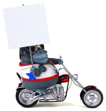 Fun 3D cartoon illustration of a rocker gorilla on motorbike