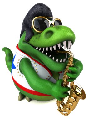 Fun 3D cartoon illustration of a Trex rocker playing 