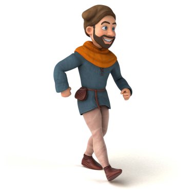 Eğlenceli 3D karikatür Orta Çağ adamı yürüyor. 