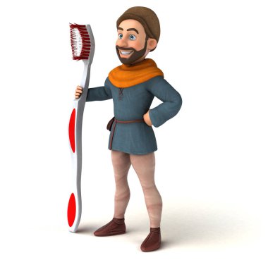 Komik 3D karikatür Orta Çağ adamı diş fırçasıyla 