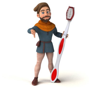 Komik 3D karikatür Orta Çağ adamı diş fırçasıyla 