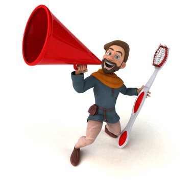 Komik 3D karikatür Orta Çağ adamı diş fırçasıyla 