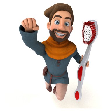 Komik 3D karikatür Orta Çağ adamı diş fırçasıyla 