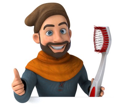 Komik 3D karikatür Orta Çağ adamı diş fırçasıyla 