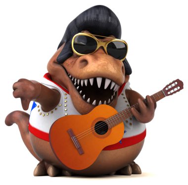 Fun 3D cartoon illustration of a Trex rocker with guitar 
