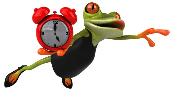 時計付きの楽しいカエル 3Dイラスト — ストック写真