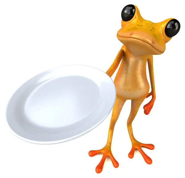 プレート付きの楽しい黄色のカエル 3Dイラスト — ストック写真