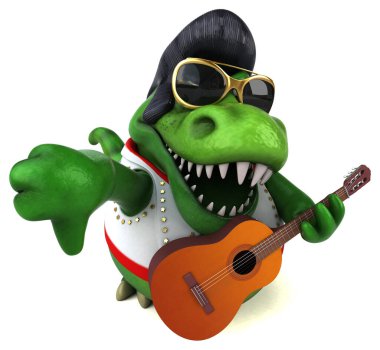 Fun 3D cartoon illustration of a Trex rocker with guitar 