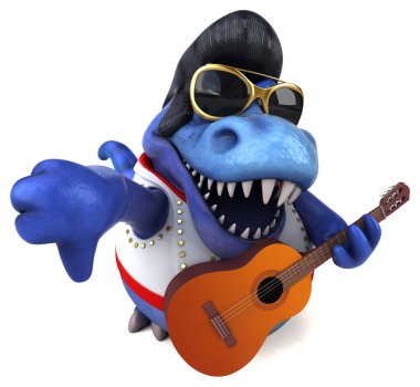 Fun 3D cartoon illustration of a Trex rocker with guitar 