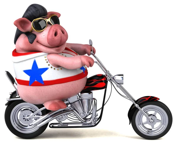 Fun Cartoon Illustration Pig Rocker Motorbike — Photo