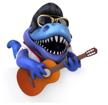 Fun 3D cartoon illustration of a Trex rocker with guitar 