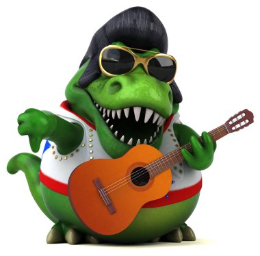 Fun 3D cartoon illustration of a Trex rocker with guitar 