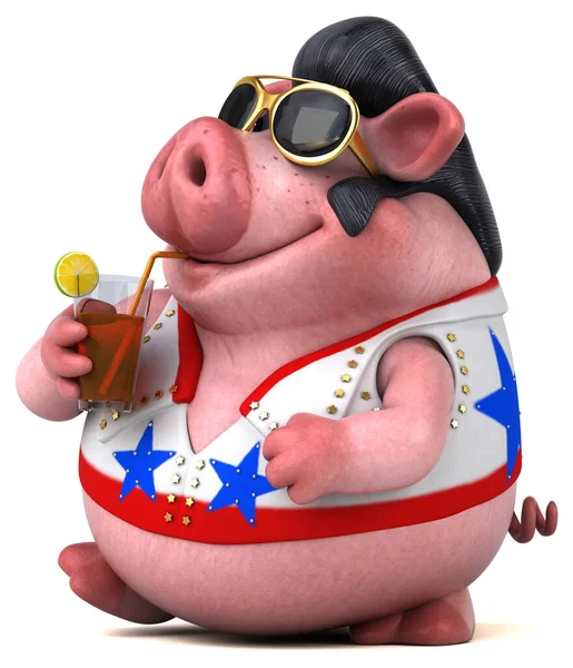 ドリンクと豚ロッカーの楽しい3D漫画イラスト — ストック写真