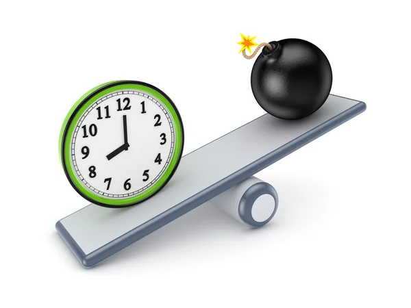 Bomba negra y reloj verde en una balanza . —  Fotos de Stock