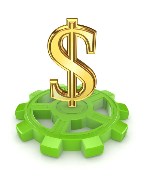 Golden dollar sign on green gear. — Stock Photo, Image