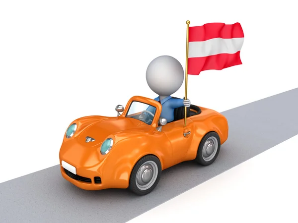 3D małego człowieka na pomarańczowy samochód z austriackiej flagi. — Zdjęcie stockowe