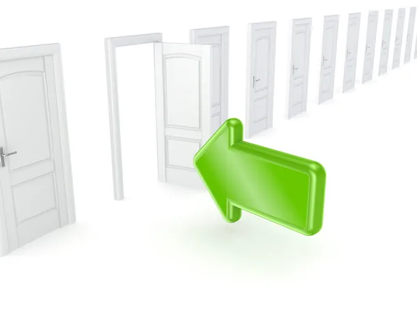 Zelená šipka směřující k otevřeným dveřím. — Stock fotografie