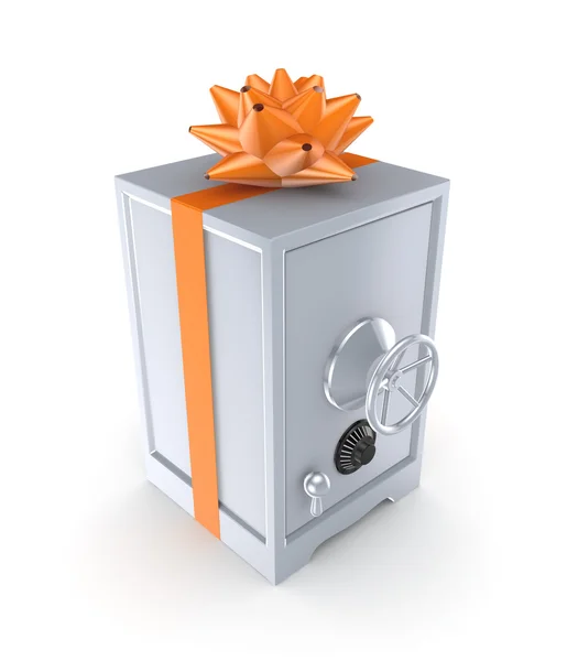 Iron safe decorated with an orange ribbon. — Stock Photo, Image