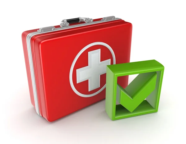 Red medical purse and green tick mark. — Stock Photo, Image
