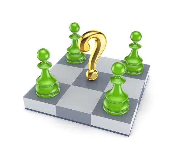 Green pawns around golden query mark. — Stock Photo, Image