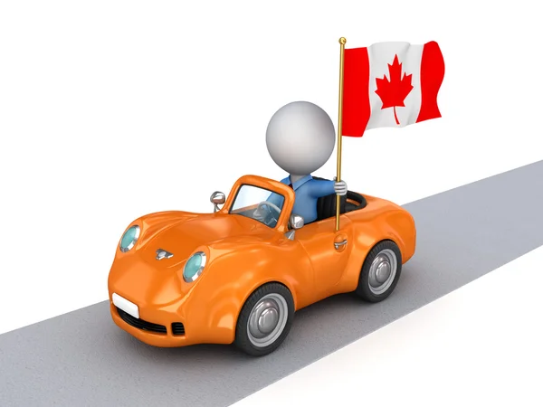 3D-kleine persoon op oranje auto met Canadese vlag. — Stockfoto