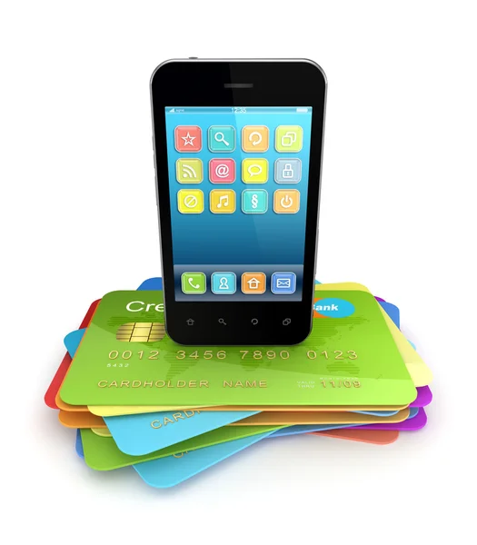 Teléfono móvil moderno con tarjetas de crédito coloridas . — Foto de Stock