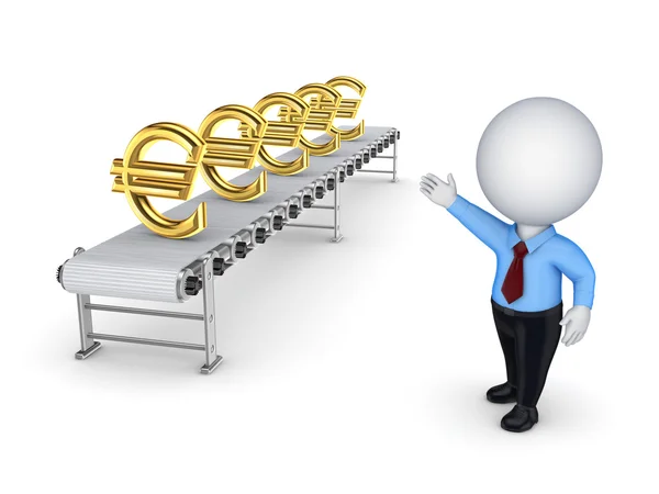 3d small person points to the conveyor with the symbols of the e — Stock Photo, Image